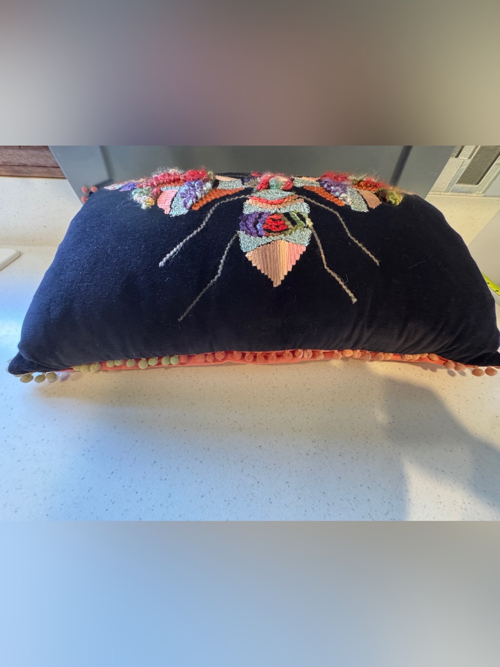World Market- Handmade Hooked Bee Pillow in Multicolor on Black - Picture 2 of 11